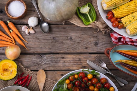 Composition of autumn halloween food harvest with copy space on wooden background. autumn, halloween tradition, food, cooking and celebration concept.
