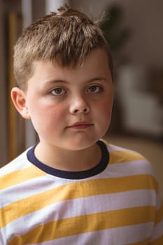 Portrait of caucasian boy standing in the living room at home. childhood and home concept