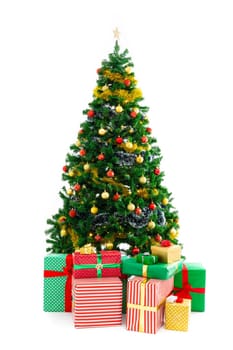 Composition of christmas tree with decorations and presents on white background. christmas, tradition and celebration concept.