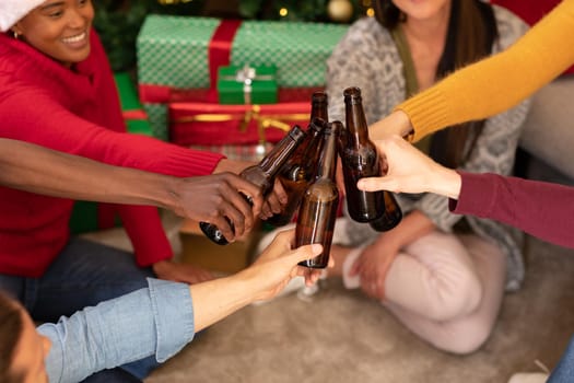 Happy diverse female and male friends toasting with beer at christmas time. christmas festivities, celebrating at home with friends.