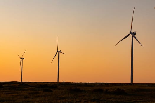 General view of wind turbines in countryside landscape during sunset. environment, sustainability, ecology, renewable energy, global warming and climate change awareness.
