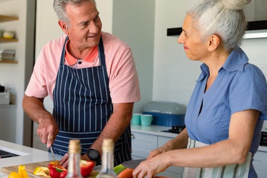 Happy caucasian senior couple standing in kitchen and preparing meal together. healthy retirement lifestyle at home.