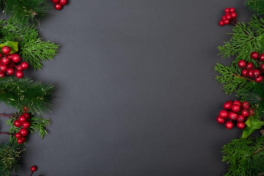 Composition of tree branches with berries and copy space on black background. christmas, tradition and celebration concept.