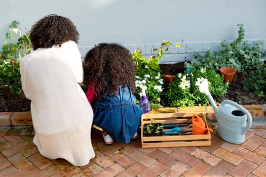 Back view of african american mother and daughter planting flowers. family time, having fun together at home and garden.