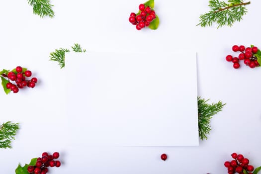 Composition of white card with copy space and branches with berries on white background. christmas, tradition and celebration concept.