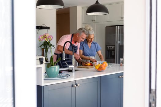 Focused caucasian senior couple standing in kitchen and preparing meal together. healthy retirement lifestyle at home.