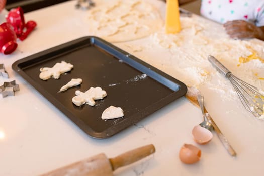 Freshly prepared homemade cookies lying on tray ready for bake. baking and cooking at home.