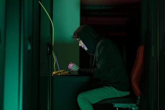 Asian male hacker using a laptop in computer server room. cyber crime and hacking concept