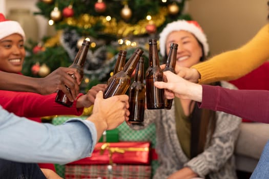 Happy diverse female and male friends toasting with beer at christmas time. christmas festivities, celebrating at home with friends.