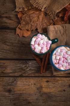 Hot chocolate drink filled with marshmallows in mugs by cinnamon, autumn leaves with copy space. food, drink, and cafe culture.