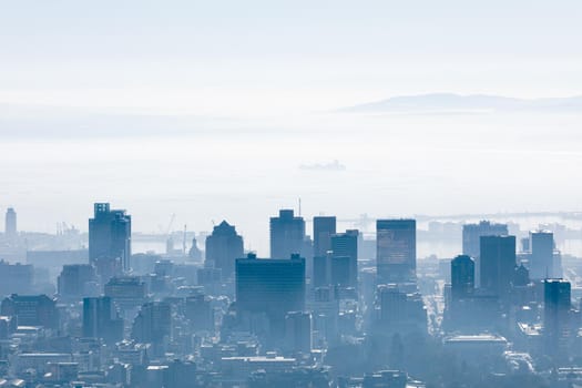 General view of cityscape with multiple modern buildings and skyscrapers in the foggy morning. skyline and urban architecture.