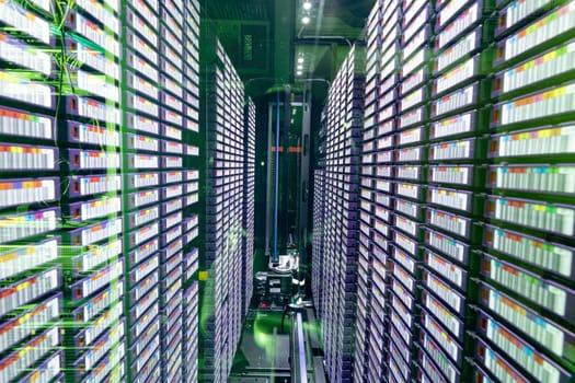 Data center with multiple rows of fully operational server racks. modern cloud computing technology concept.