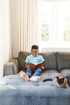 Smiling african american boy reading book and sitting on couch with cat in living room. spending time alone at home.