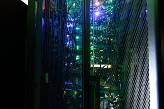 Close up view of a modern computer server. modern cloud computing and supercomputer technology concept.