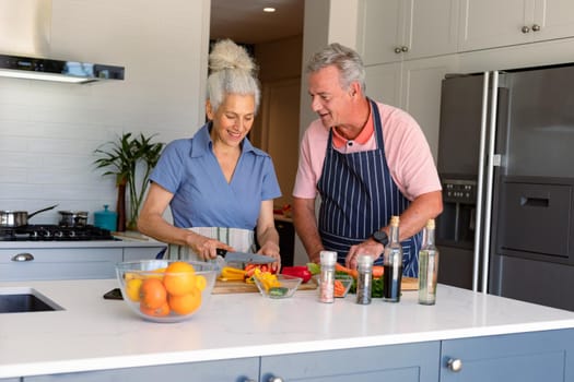 Happy caucasian senior couple standing in kitchen and preparing meal together. healthy retirement lifestyle at home.