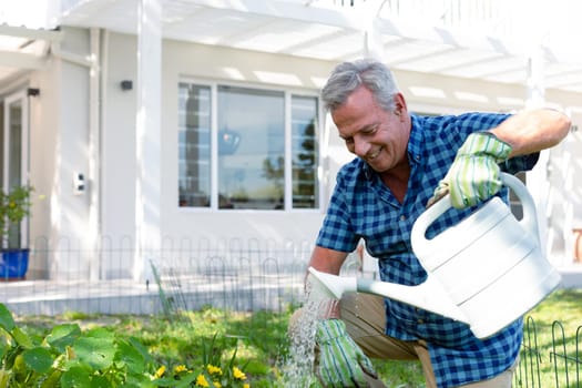 Happy caucasian senior man wearing gloves and watering plants. active and healthy retirement lifestyle at home and garden.