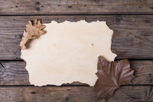 Paper with copy space against autumn leaves on wooden surface. halloween festivity and celebration concept