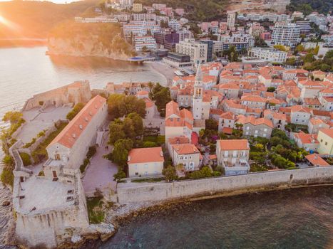 Old town in Budva in a beautiful summer day, Montenegro. Aerial image. Top view.