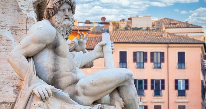 ROME, ITALY - CIRCA AUGUST 2020: - detail of Piazza Navona (Navona's Square) Bernini fountain,  one of the most famous sightseeing of the city.