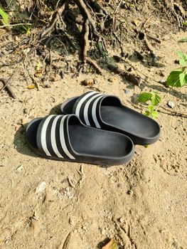 A pair of abandoned flip flops in the sand at a lake