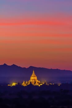Bagan city downtown skyline cityscape of Myanmar at sunset