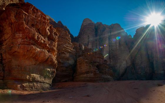 Beautiful mountain scenery in the mountain desert in Wadi Rum, Jordan