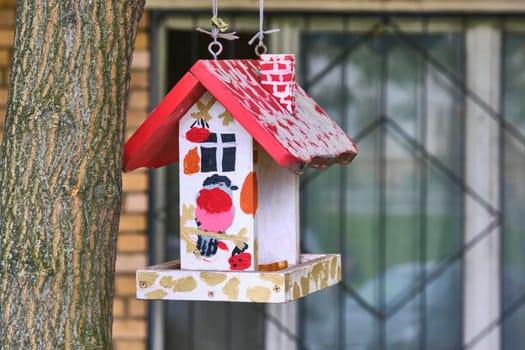 Bird feeder hangs on tree branch. general plan.