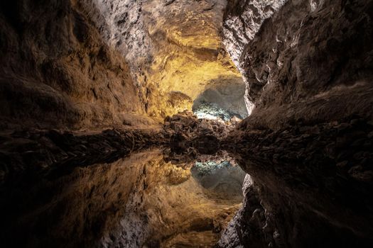 Optical illusion - water reflection in Cueva de los Verdes, an amazing lava tube and tourist attraction on Lanzarote island, Spain.