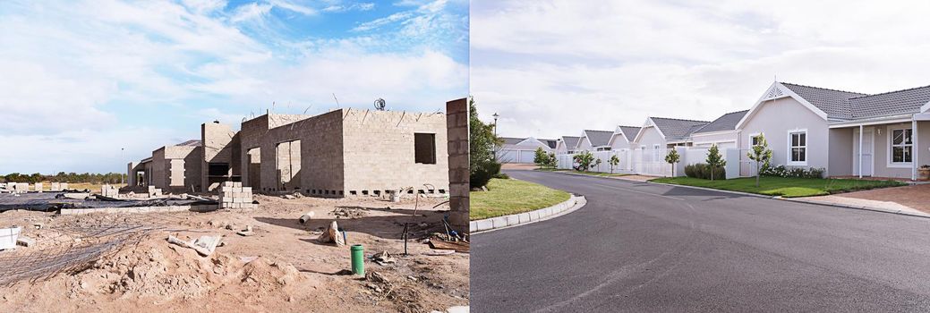 Before and after shot of homes being built in the suburbs - The house designs displayed in this image represent a simulation of a real product and have been changed or altered enough by our team of retouching and design specialists so that they are free of any copyright infringements.