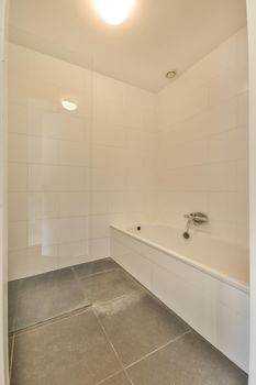 The interior of the bathroom of a modern house with a bathtub and shower