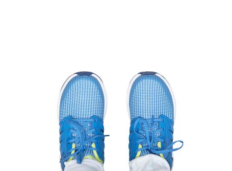 blue kid sport shoes on wearing ,top view on isolated white background