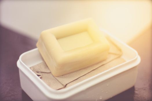 soap bar in bathroom and spa care show purity for shower in container