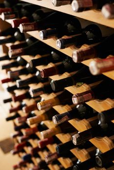 A collection of wine bottles in a cellar.