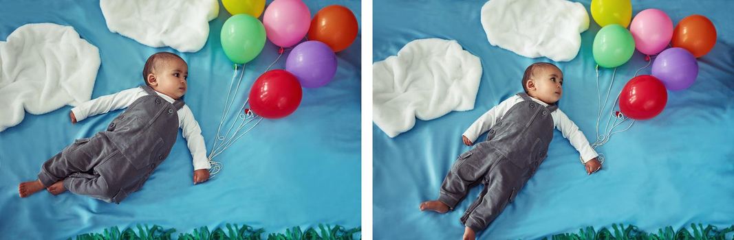 Composite concept shot of an adorable baby boy flying through the sky holding a bunch of balloons.