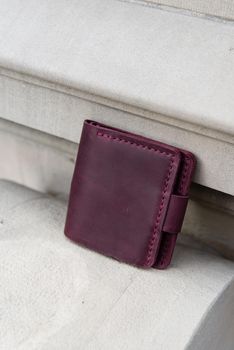 hand made leather wallet . Leather craft. Selective focus.