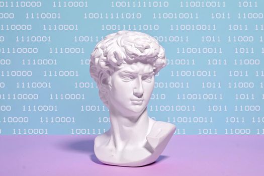 The concept of digital art on the Internet code web display and bust of the statue of David in cyberpunk style