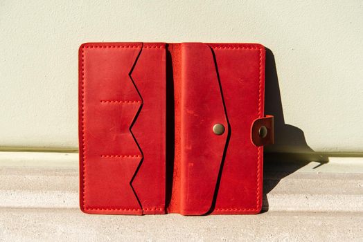 hand made leather wallet . Leather craft. Selective focus.