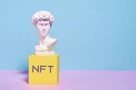 NFT technology virtual art on the internet transactions blockchain and token and head of roman david in marble