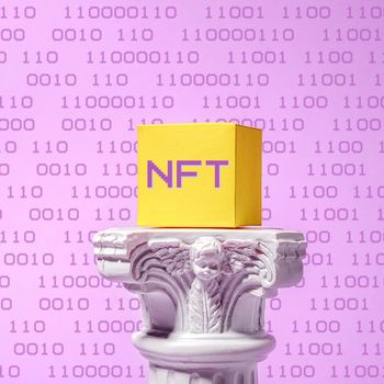 Cryptocurrency block blockchain NFT art roman column pedestal and digital coding