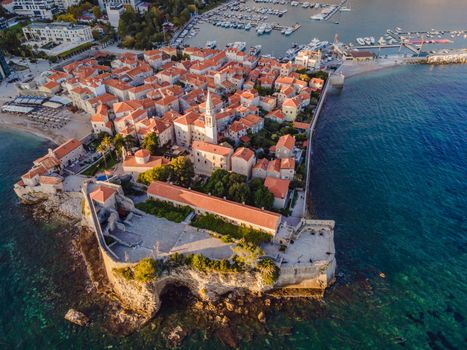 Old town in Budva in a beautiful summer day, Montenegro. Aerial image. Top view.