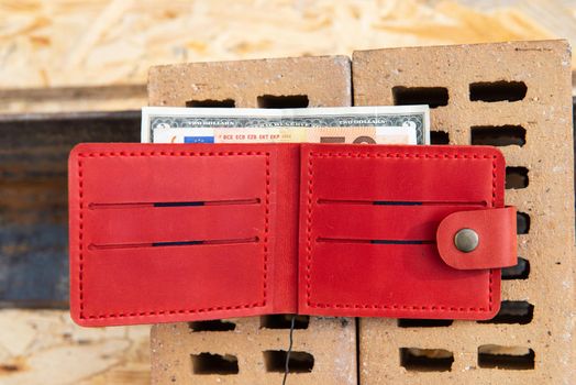 hand made leather wallet . Leather craft. Selective focus.