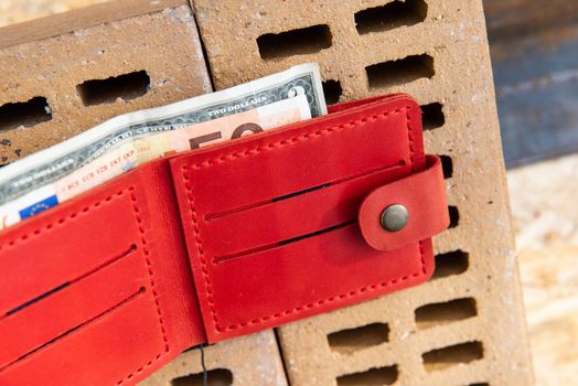 hand made leather wallet . Leather craft. Selective focus.