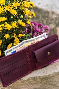 hand made leather wallet . Leather craft. Selective focus.