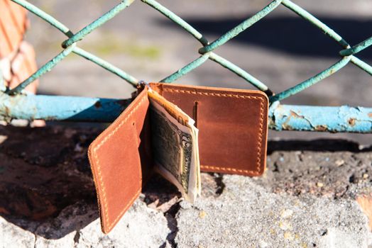 hand made leather money holder. Leather craft. Selective focus.