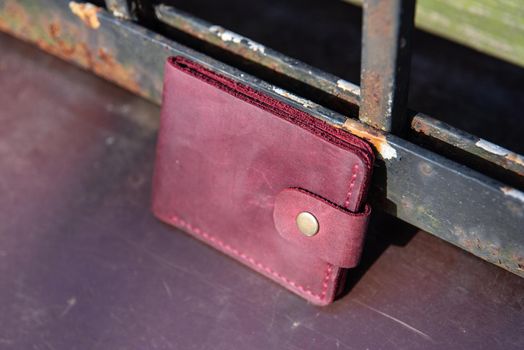 hand made leather wallet . Leather craft. Selective focus.