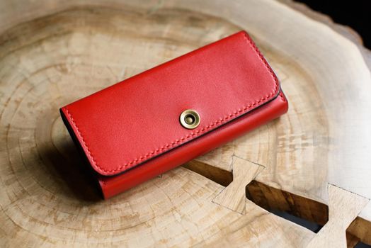 hand made red leather wallet . Leather craft.