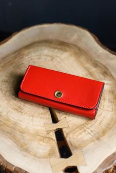 hand made red leather wallet . Leather craft.