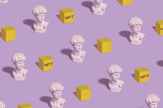 Pattern statue of Roman bust of David and blocks blockchain cryptocurrency NFT innovative payments money and digital art online