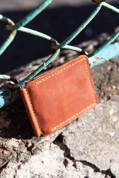 hand made leather money holder. Leather craft. Selective focus.
