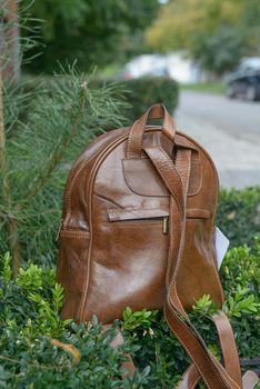 Brown leather backpack on the snone monument.